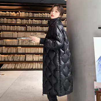 Talvel Läikiv Tegumoega Naiste Korea Seista krae Puuvilla Polsterdatud Naiste Mantel Soe Paks Pikk Outwear Must Lahti Vabaaja Jope Naine